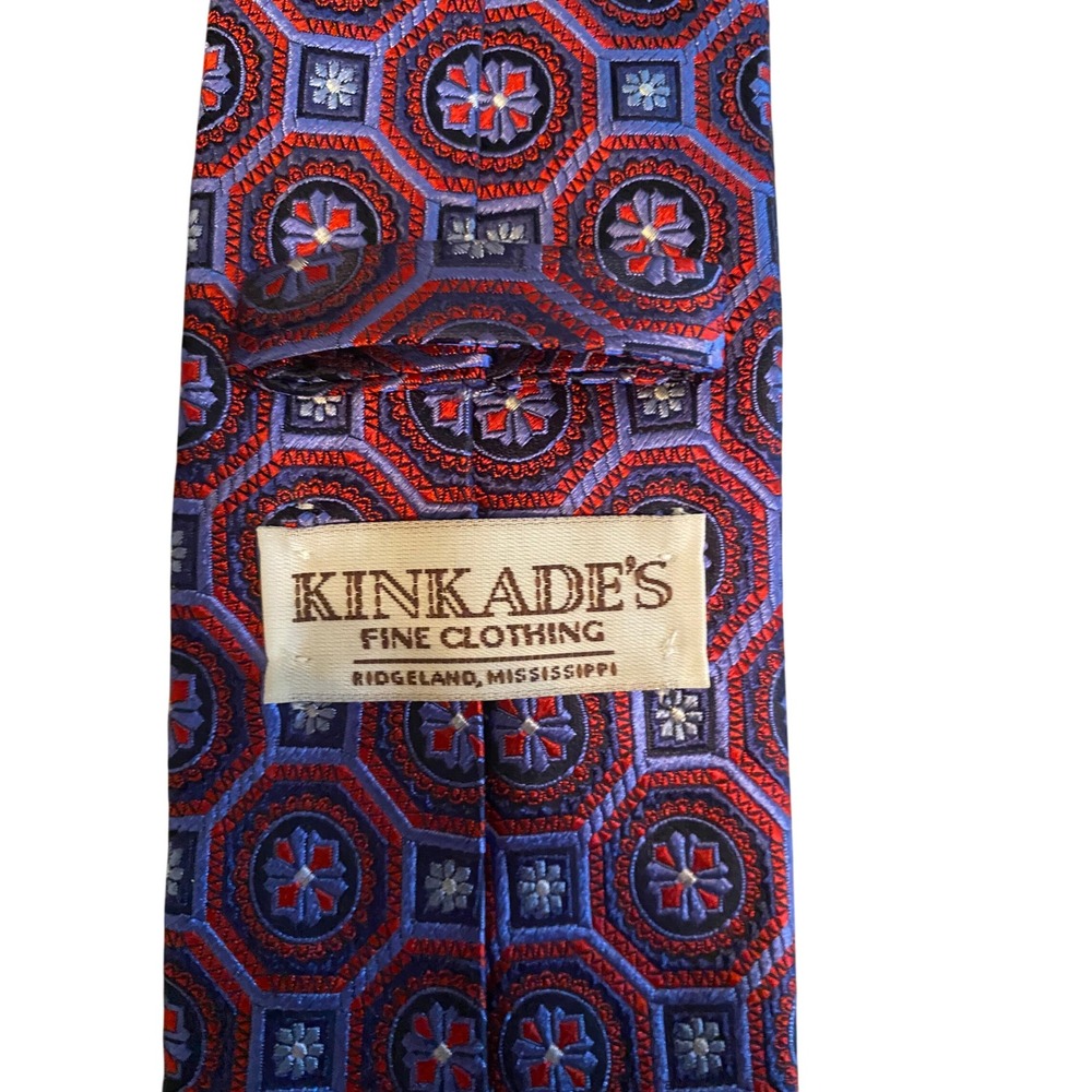 Kinkades‎ Fine Clothing Mens Silk Tie Blue Red Geometric Medallion Handmade